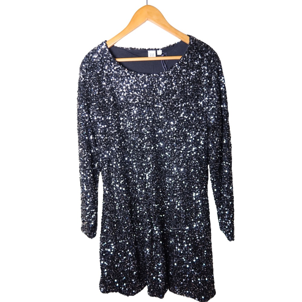 GAP Black Sequin Mini Dress Women's Large Long Sleeve Party Cocktail NWT